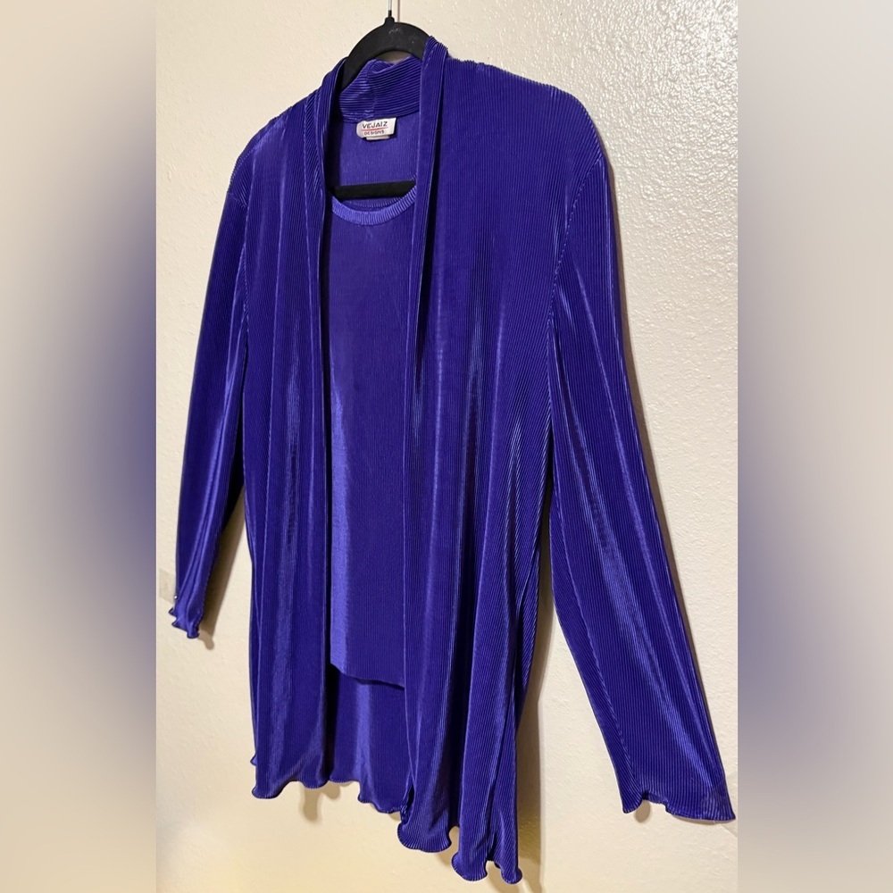 VeJaiz Purple Pleated Twin Set M | Shimmer Cardigan Cami Set Y2K Layering Outfit - Picture 3 of 4